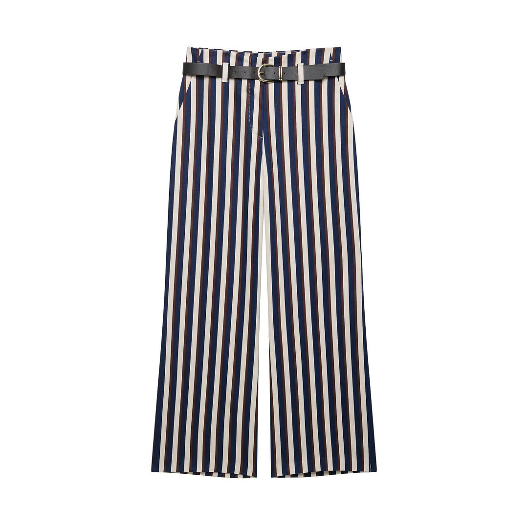 Damen Weite High‑Waist Culotte‑Hose mit verticalem Streifenmuster und Ziergürtel Echo Archiv