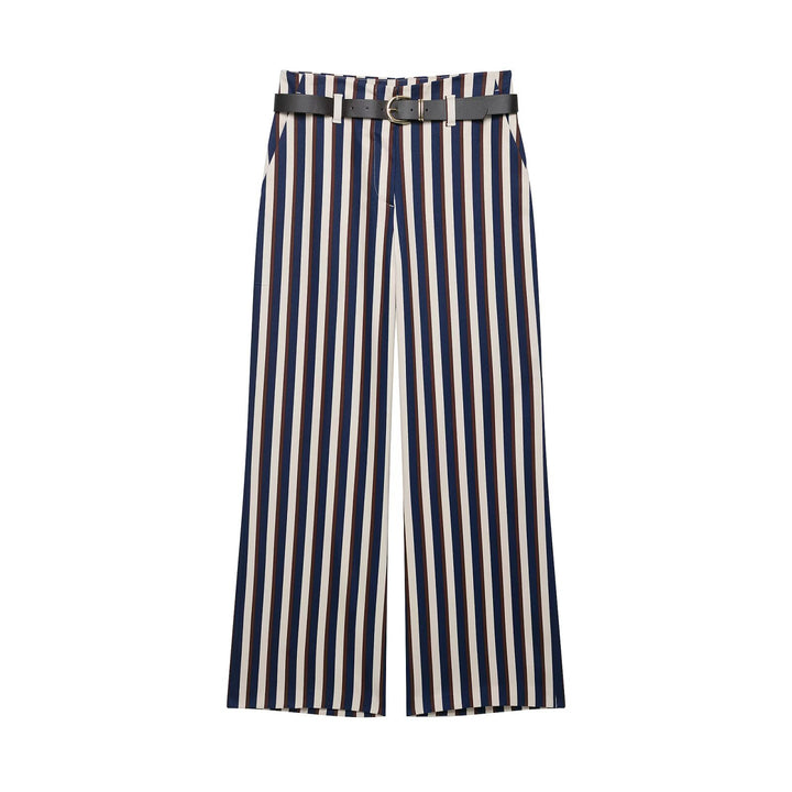 Damen Weite High‑Waist Culotte‑Hose mit verticalem Streifenmuster und Ziergürtel Echo Archiv