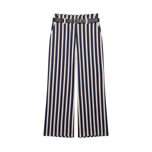 Damen Weite High‑Waist Culotte‑Hose mit verticalem Streifenmuster und Ziergürtel Echo Archiv