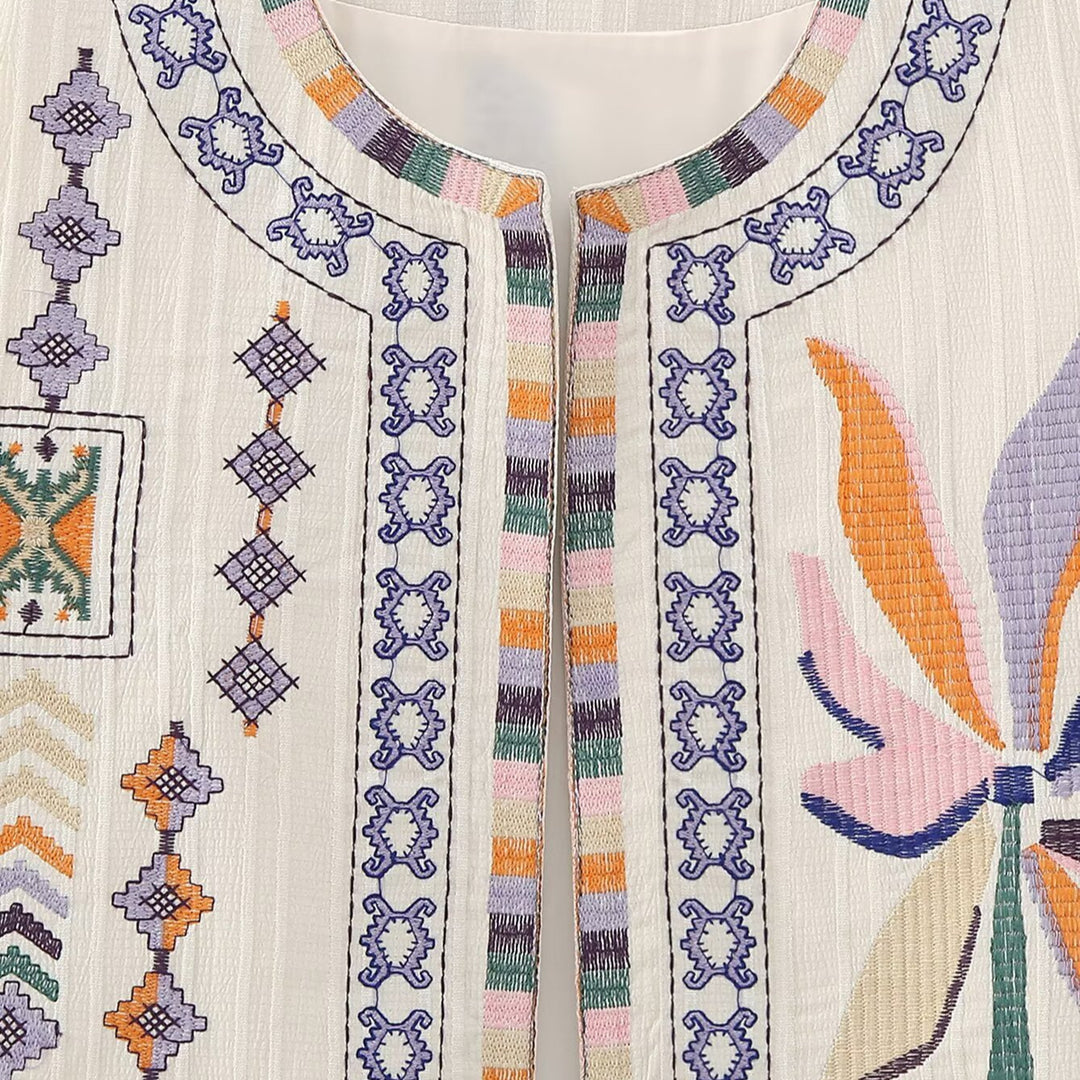 Damen bestickte ärmellose Boho‑Weste mit folkloristischen Motiven und offener Front Echoarchiv