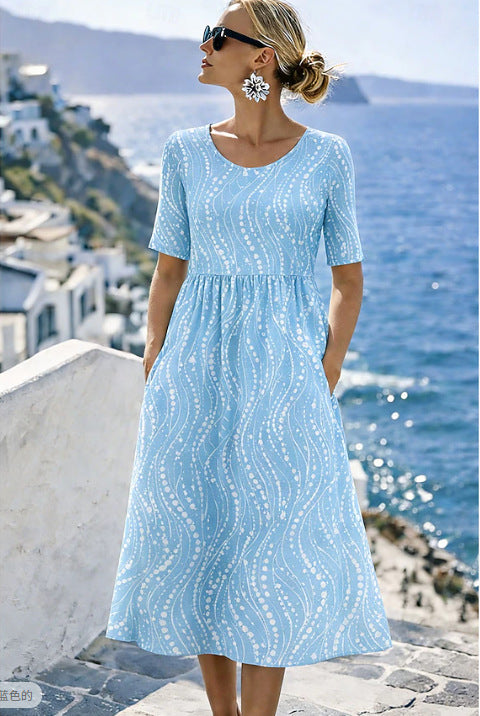 Damen Leichtes Midikleid mit Empire-Taille, halblangen Ärmeln und Eingrifftaschen Echoarchiv