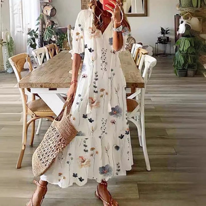 Damen nan luftiges Maxikleid in A-Linie mit V-Ausschnitt, legeren Aufschlagärmeln und floralem Alloverprint Echo Archiv
