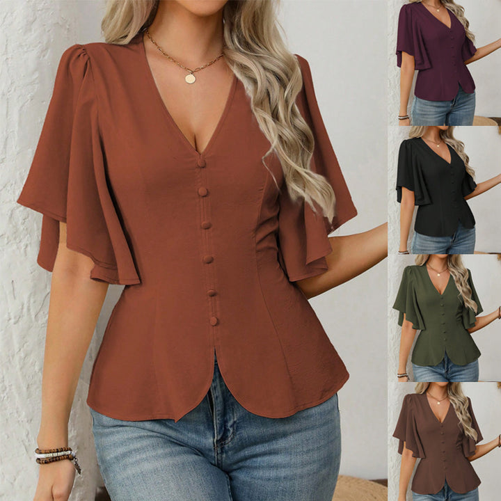 Damen elegante Bluse mit Glockenärmeln und Knopfdetail Echo Archiv