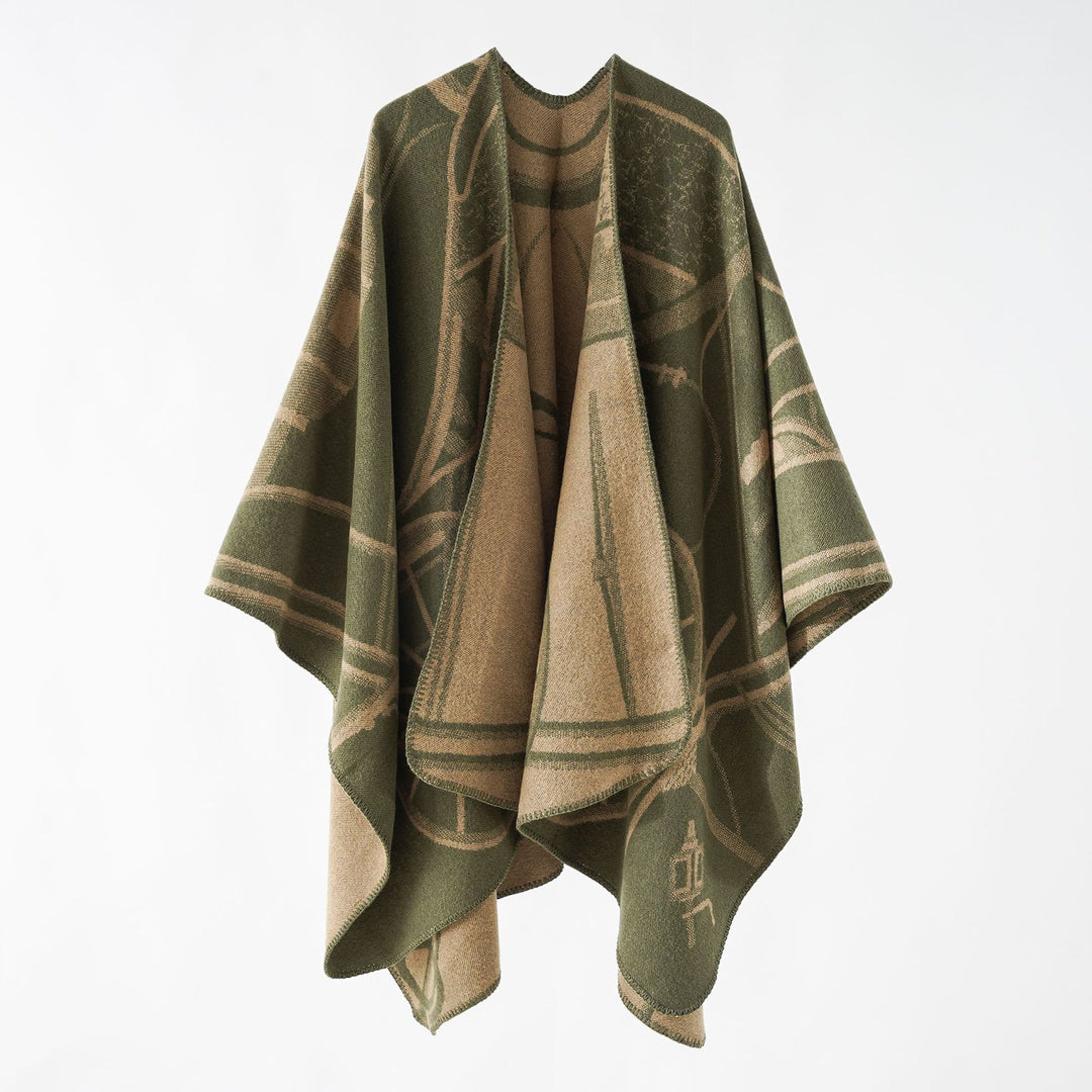 Damen Wollmix-Reversible Cape mit grafischem Jacquard und offenem Kimonofall – Montévia