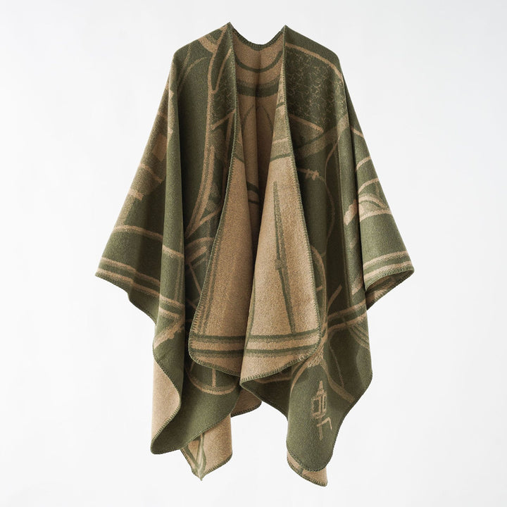 Damen Wollmix-Reversible Cape mit grafischem Jacquard und offenem Kimonofall – Montévia