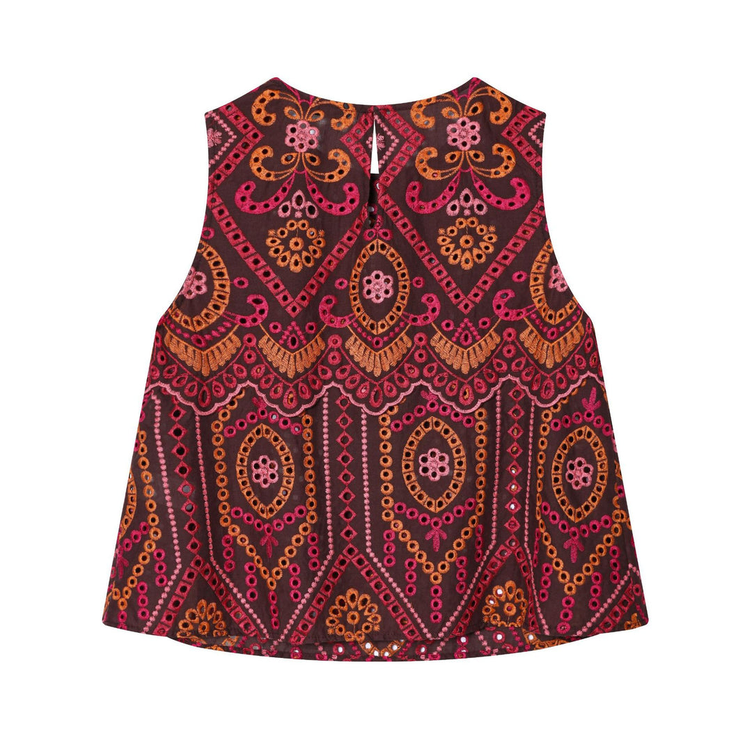 Damen bestickter A-Linien Midirock mit Lochstickerei, Stufenvolant und welligem Saum – Élara