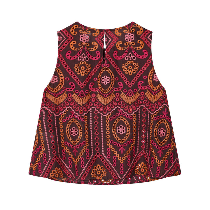 Damen bestickter A-Linien Midirock mit Lochstickerei, Stufenvolant und welligem Saum – Élara