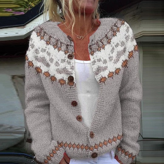 Damen nan gemusterte Strickjacke mit Rundpasse, Holzknöpfen und Eingrifftaschen Echo Archiv