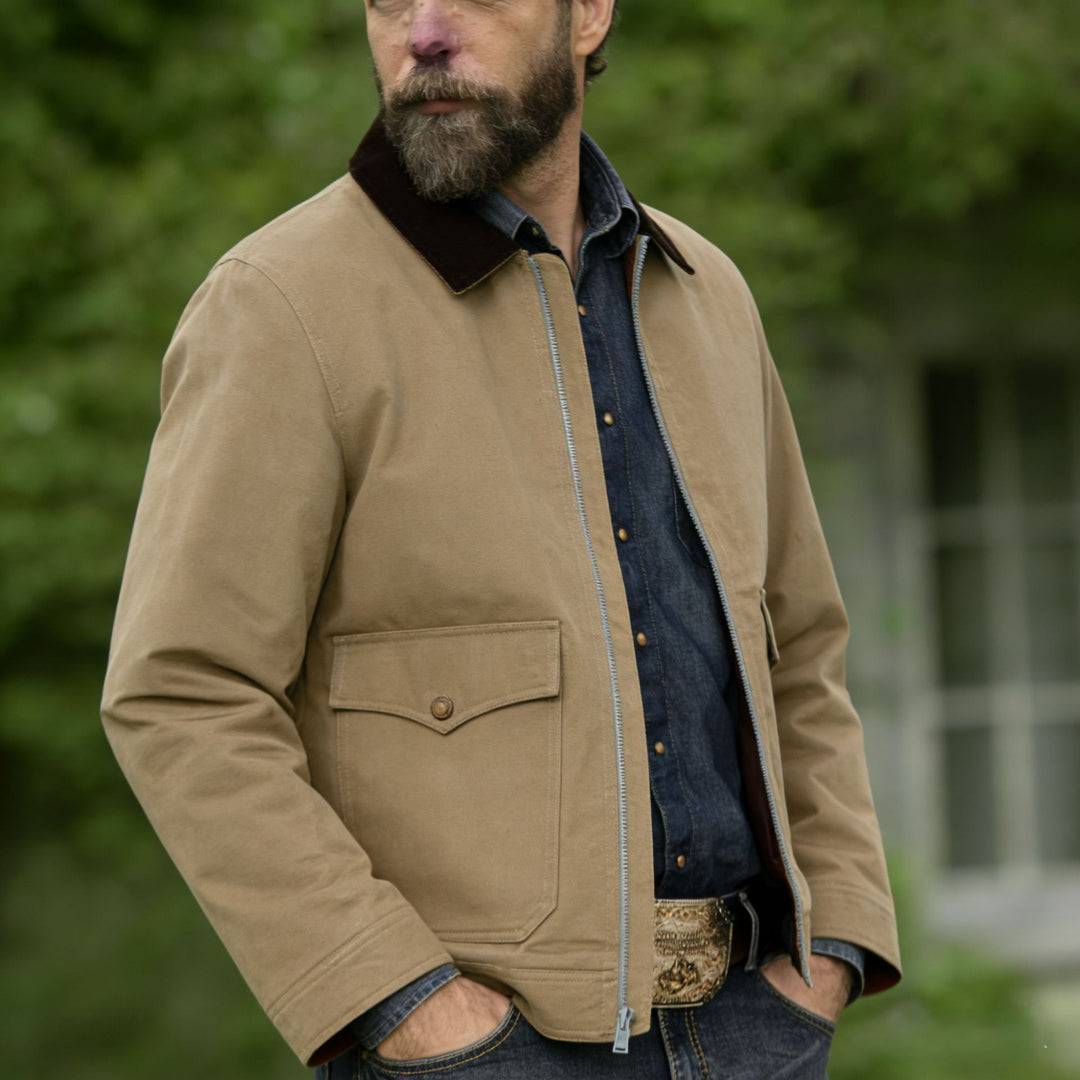 Herren robuste Canvas-Fieldjacke mit Cordkragen und aufgesetzten Pattentaschen Echoarchiv