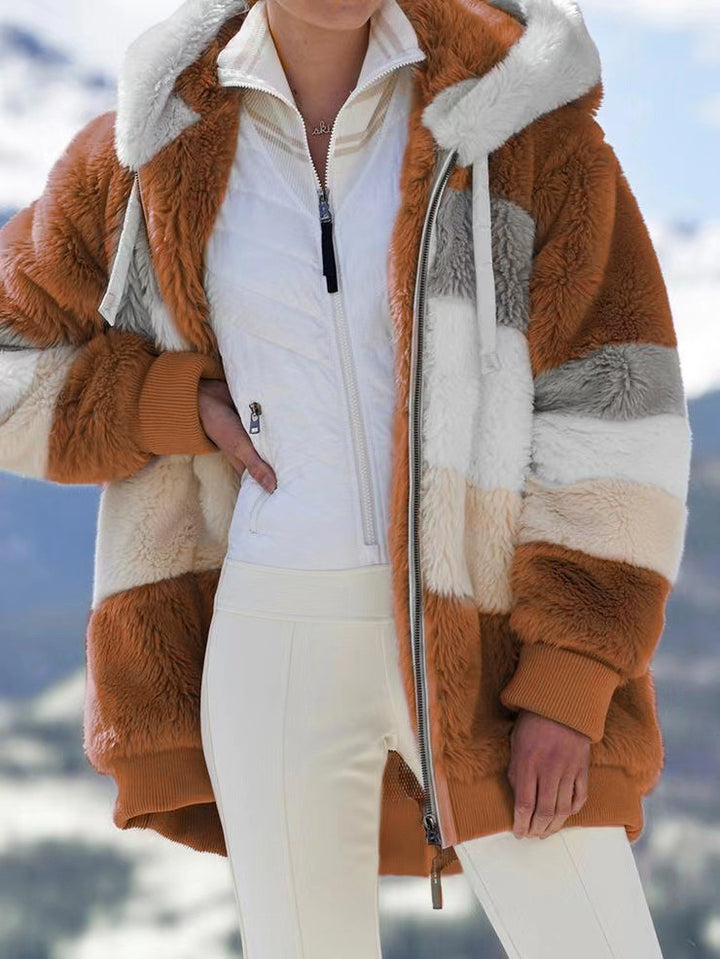 Damen nan oversized gefütterte Kunstfelljacke mit Kapuze, Blockstreifen und gerippten Bündchen Echo Archiv