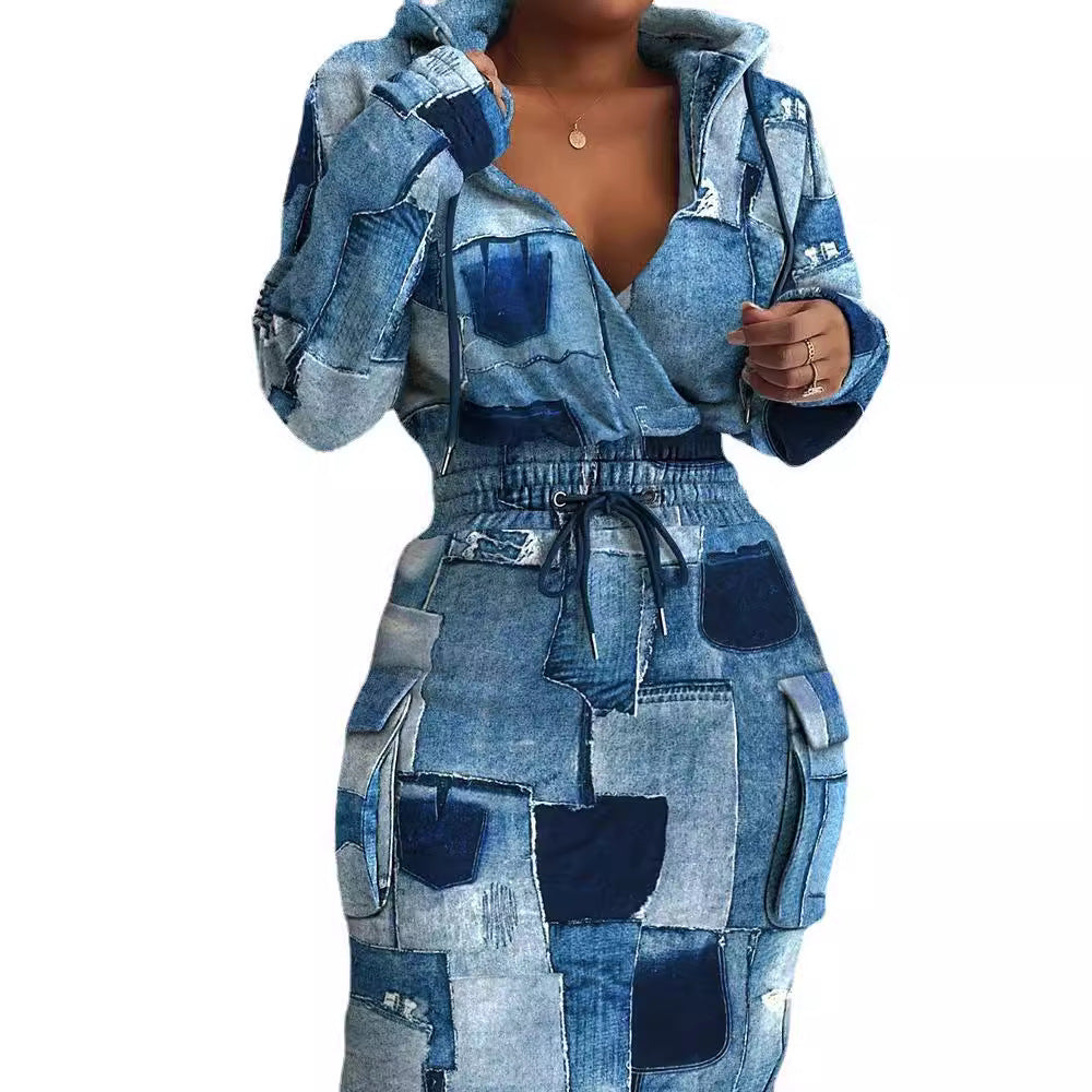 Damen Kapuzen Sweatkleid mit V-Ausschnitt, Kordelzug-Taille und Cargo-Taschen Echoarchiv