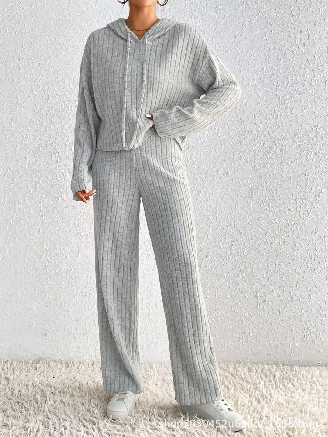 Damen Geripptes Kuschel-Lounge-Set aus Chenille mit Kapuzenpullover und weitem Hosenbein Echo Archiv