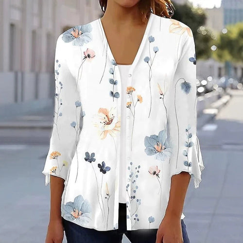 Damen nan leichte Chiffonbluse mit Aquarellblumenprint, V‑Ausschnitt, Knopfleiste und dreiviertelärmeln Echoarchiv
