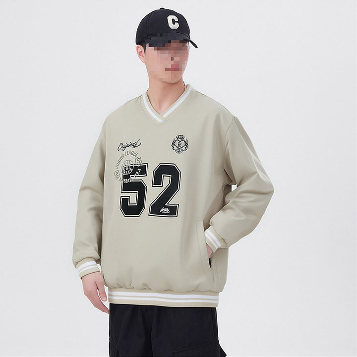 Herren Oversize V‑Ausschnitt Sportsweatshirt im College‑Look mit gestreiften Bündchen Echoarchiv