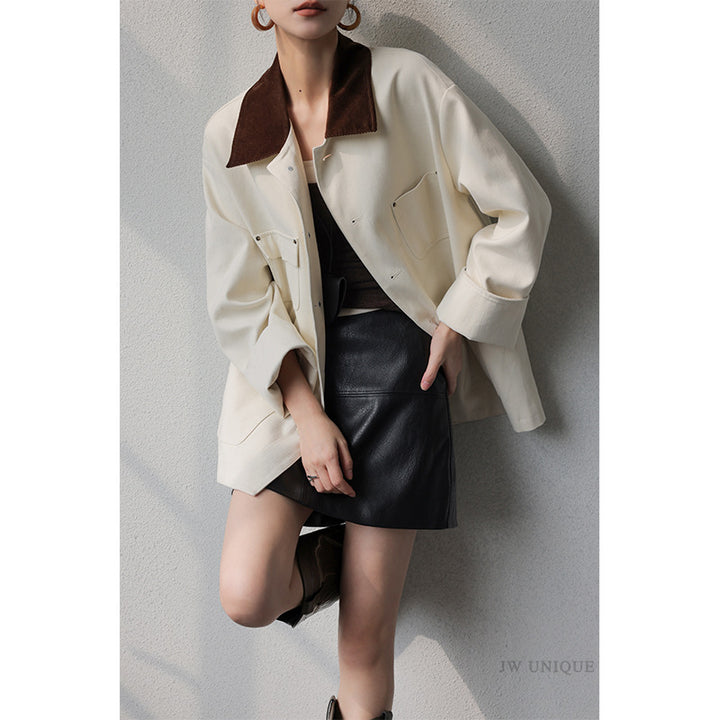 Damen Oversize-Cabanjacke aus strukturierter Baumwollmischung mit kontrastierendem Cordkragen und aufgesetzten Pattentaschen Echo Archiv