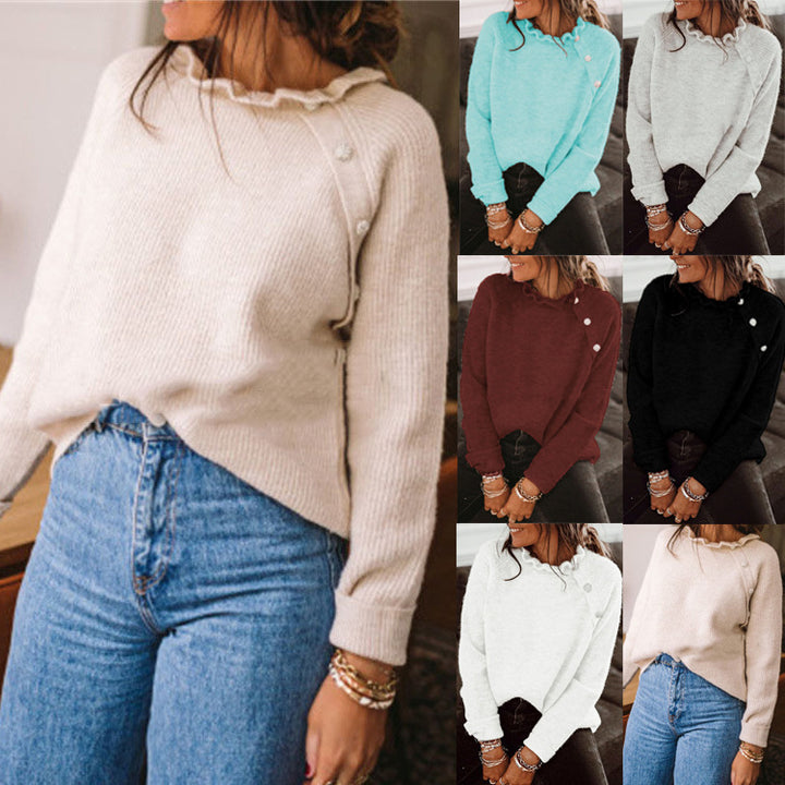 Damen Rippstrickpullover mit Rüschenkragen und seitlicher Knopfleiste – Mavelle