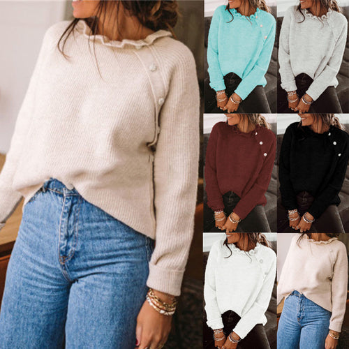 Damen Rippstrickpullover mit Rüschenkragen und seitlicher Knopfleiste – Mavelle