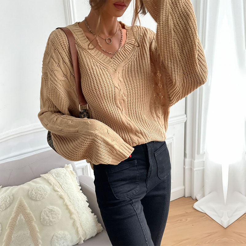 Damen Grobstrick Oversize-Pullover mit Zopfdetail und weitem V-Ausschnitt Echoarchiv