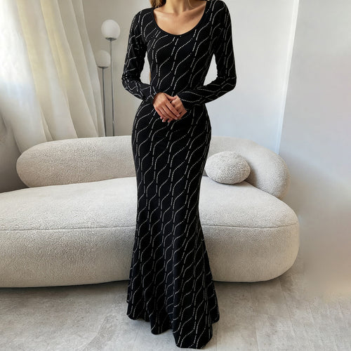 Damen nan langärmeliges Bodycon-Mermaid-Abendkleid mit Wellen-Strassbesatz Echo Archiv