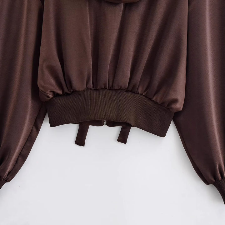 Damen Cropped Hoodie-Jacke mit durchgehendem Reißverschluss, breite Kapuze und taillierendem Rippbund Echoarchiv
