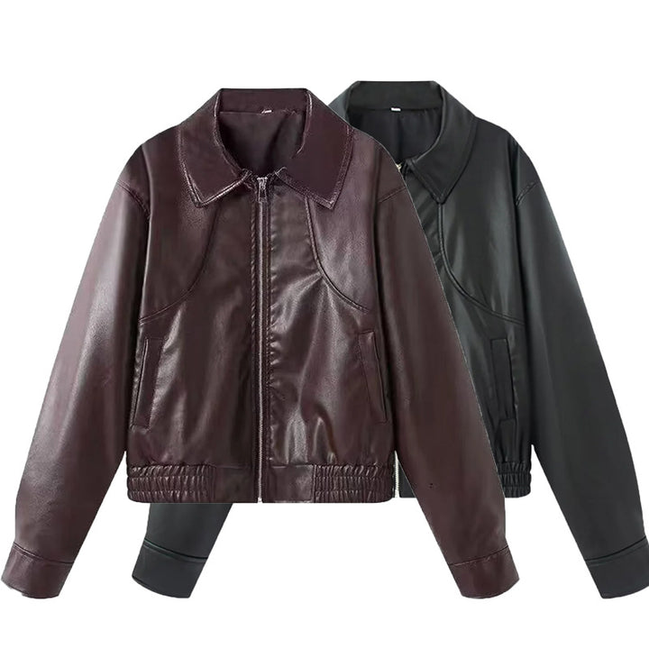 Damen nan Oversize Kunstlederjacke im Bomberstil mit Hemdkragen, kontrastierender Materialoptik und elastischem Saum Echo Archiv