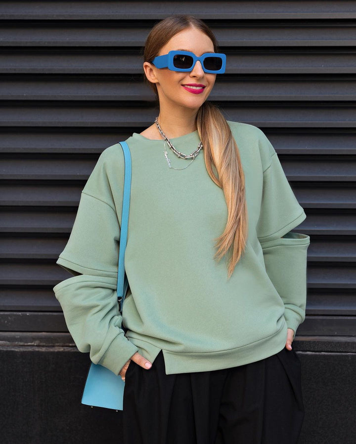 Damen Oversized Sweatshirt mit Layer-Ärmeln und seitlichem Schlitz Echoarchiv