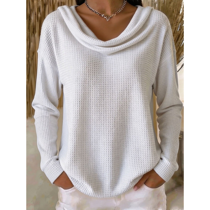 Damen Lässiger Waffelstrick-Pullover mit weitem Wasserfallkragen und gerundetem Saum Echoarchiv