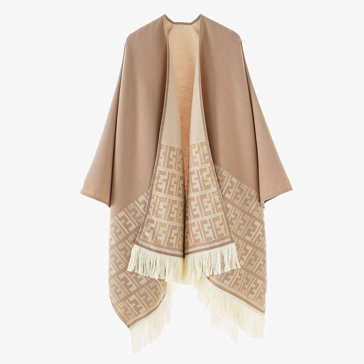 Damen Wendbarer Jacquard-Capeüberwurf mit Monogramm‑Bordüre und Fransen – Avérine