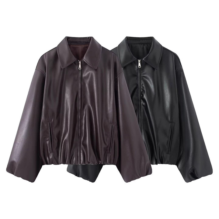 Damen Oversize Kunstleder Blouson mit Reißverschluss und elastischem Saum Echo Archiv