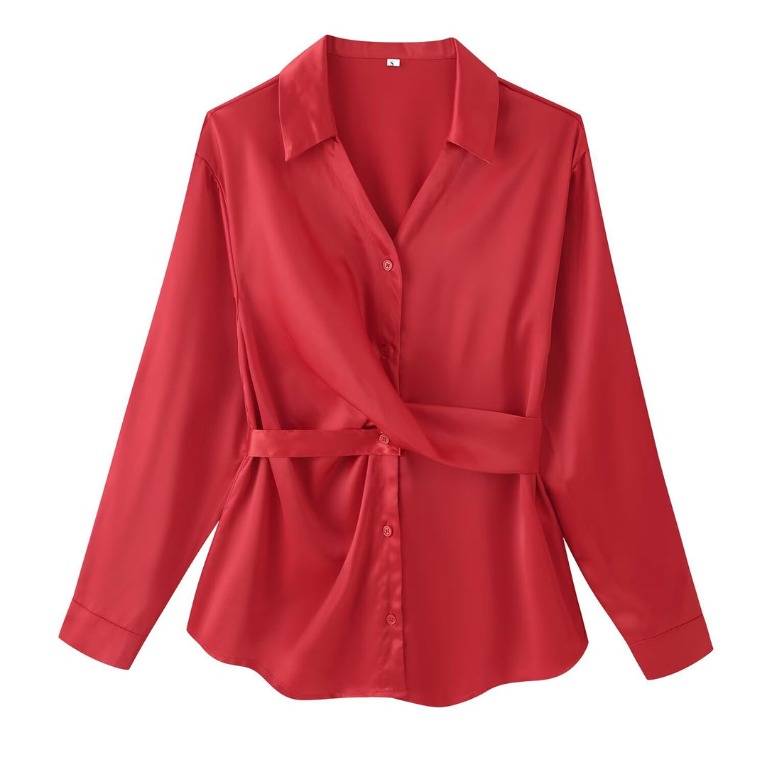 Damen Bluse mit Taillengürtel, V-Ausschnitt und langen Ärmeln Echo Archiv