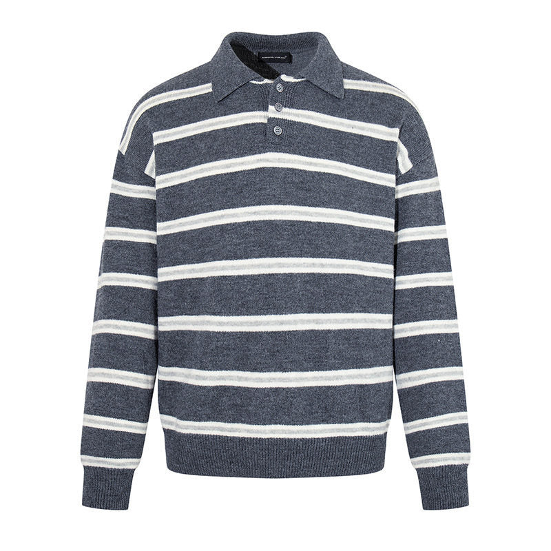 Herren Strick-Poloshirt mit Streifenmuster, Polokragen und Knopfleiste Echoarchiv
