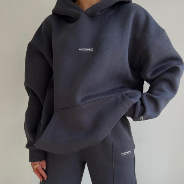 Damen Set Schwere French‑Terry Oversize‑Kapuzenpullover mit Kängurutasche und Slim‑Jogginghose Echoarchiv