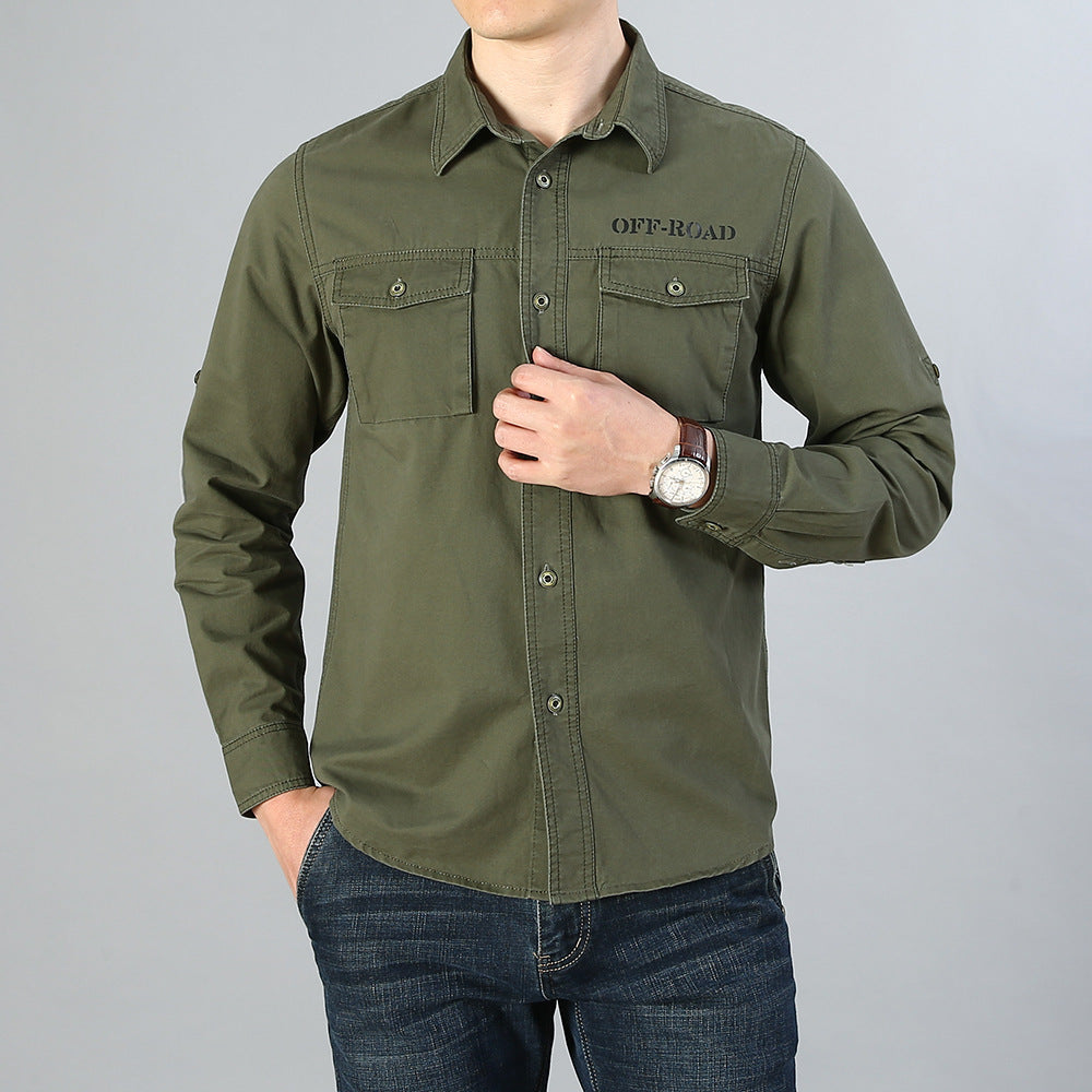 Herren Military-Hemd mit Brusttaschen, Ärmelrollfunktion und Off-Road-Print Echoarchiv