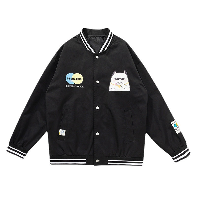 Herren Lässige College‑Bomberjacke im Windbreaker‑Stil mit Cartoon‑Patch und gestreiften Rippbündchen – Brevano