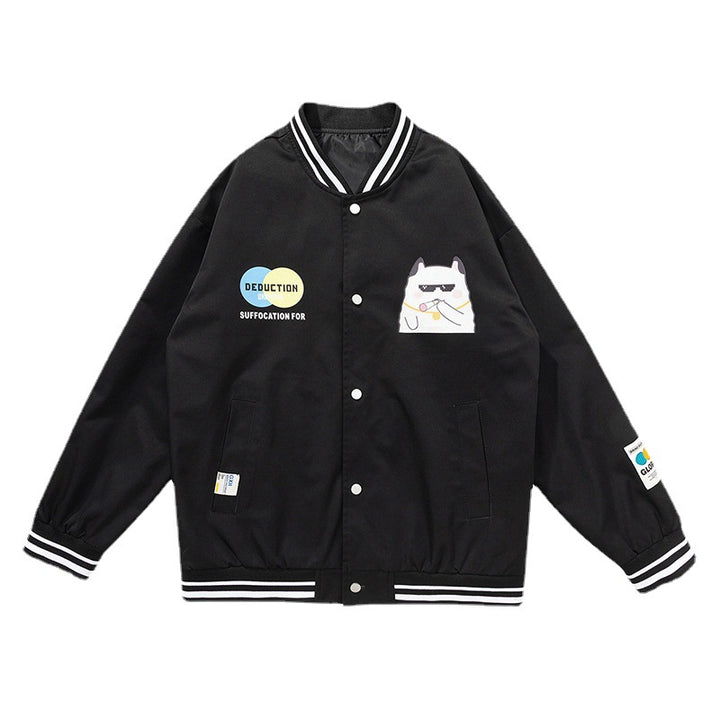 Herren Lässige College‑Bomberjacke im Windbreaker‑Stil mit Cartoon‑Patch und gestreiften Rippbündchen – Brevano