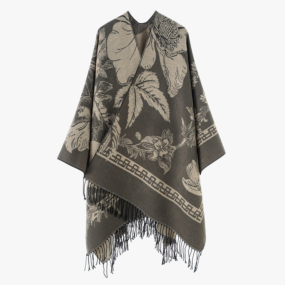 Damen Rechteckiger Jacquard-Überwurf mit floralem Allovermotiv und Fransensaum – Avérine