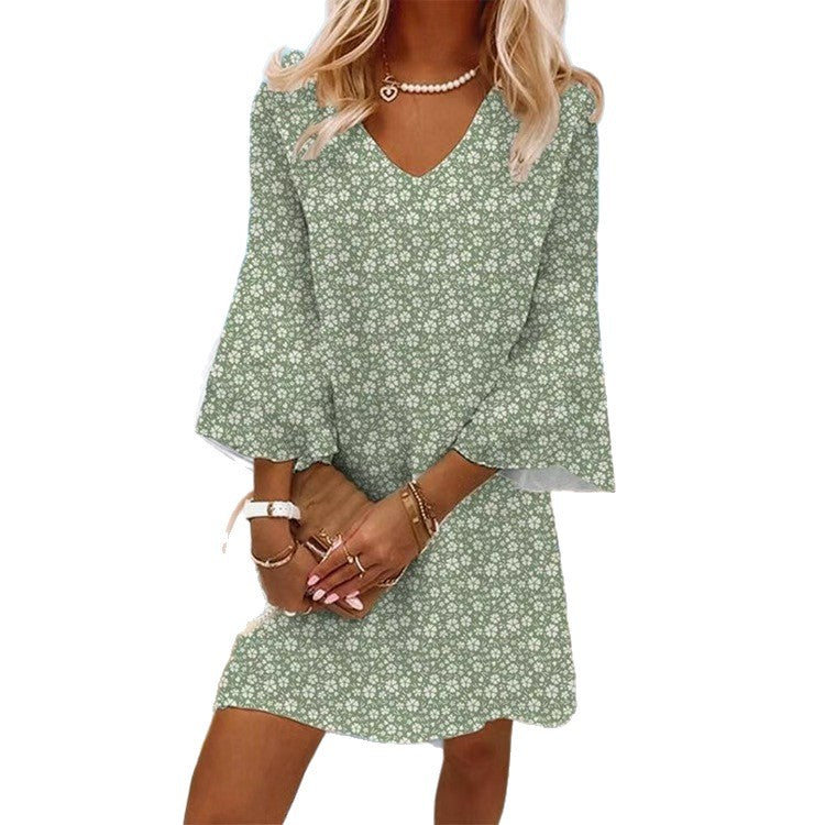 Damen nan leichtes florales V-Ausschnitt Minikleid mit Glockenärmeln und A-Linien-Schnitt Echo Archiv