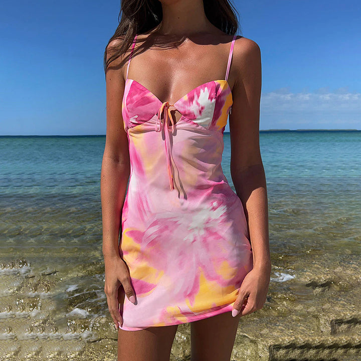 Damen figurbetontes Sommerkleid mit trägerlosem Design und verführerischem Krawattenverschluss Echo Archiv