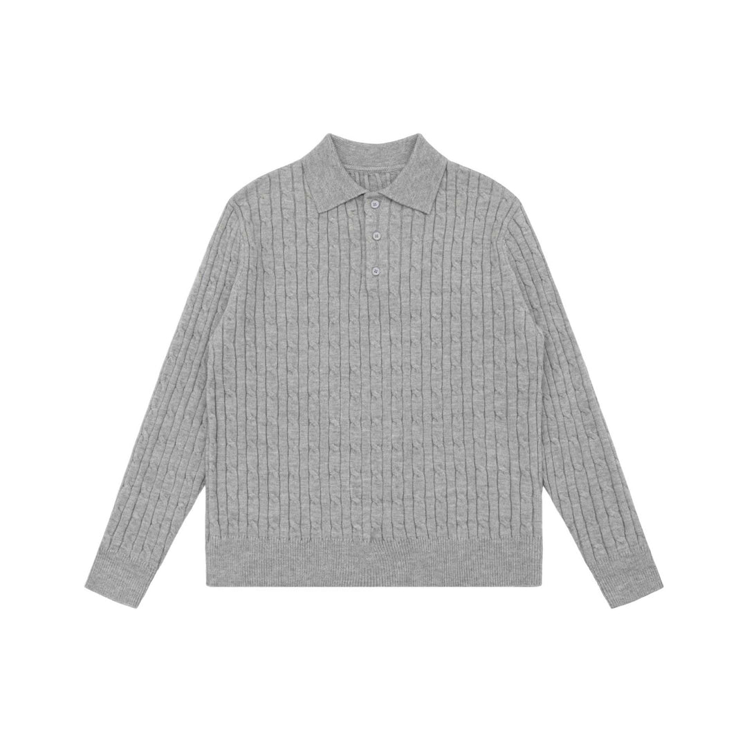 Unisex Grobstrick-Polokragen-Pullover mit Zopfmuster und halber Knopfleiste Echoarchiv