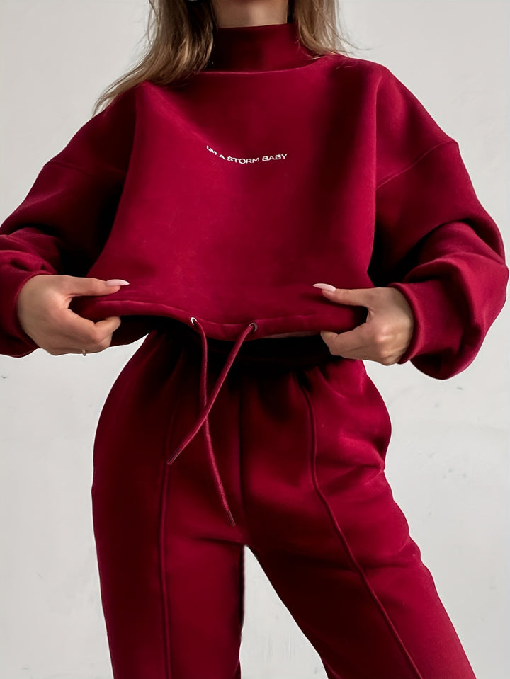 Damen Oversize-Lounge-Set mit Stehkragen und elastischer High-Waist-Jogginghose – Avérine