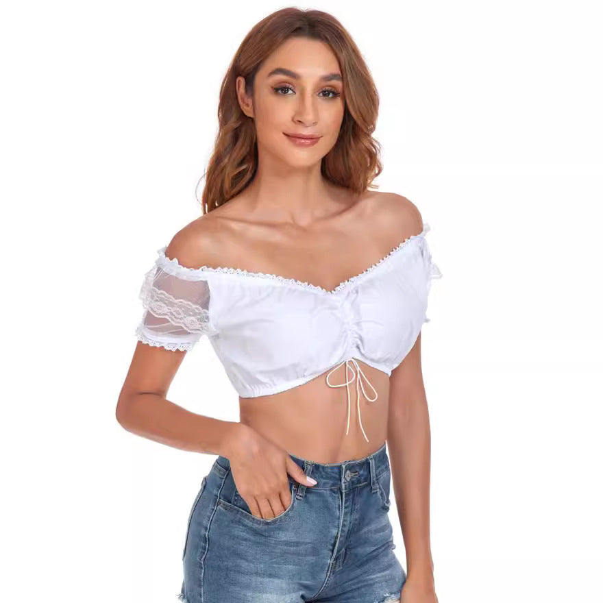 Damen  Dirndlbluse Carmen Ausschnitt mit Spitzenärmeln und Bindeband Echo Archiv