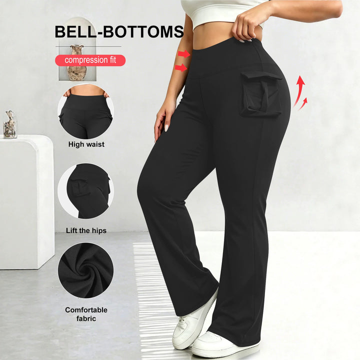 Damen High-Waist Flared-Leggings mit seitlichen Rüschen- und Handytaschen echoarchiv-
