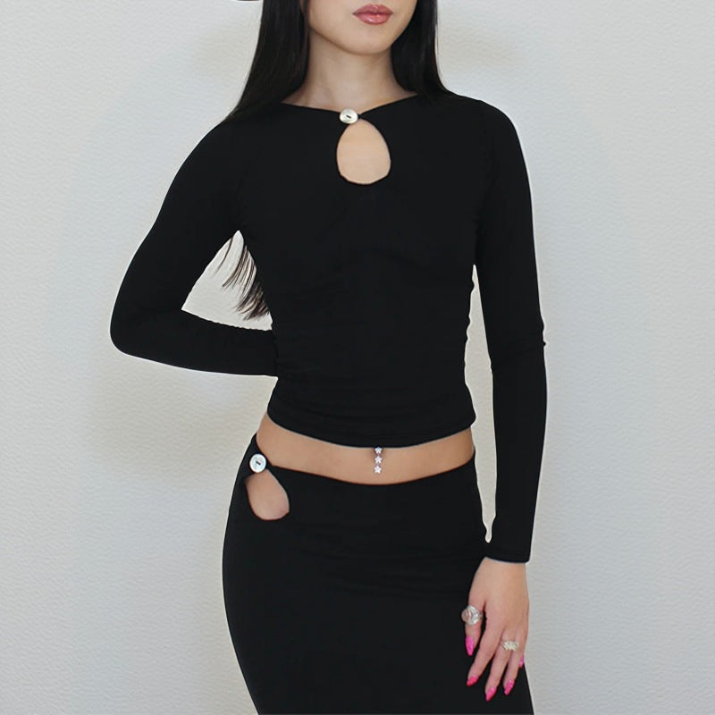 Damen Zweiteiliges figurbetontes Stretch-Set mit Langarm-Crop-Top und Hüft-Cut-out Rock – Avérine