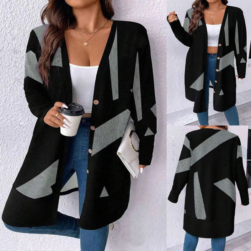 Damen Oversize Strickcardigan mit geometrischem Muster, Knopfverschluss und aufgesetzten Taschen – Veloura
