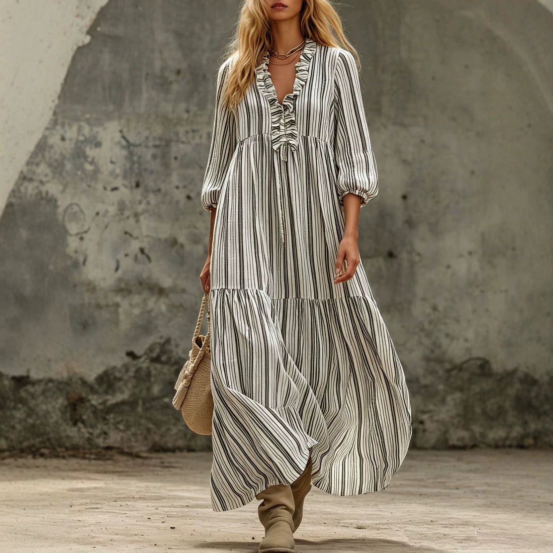 Damen Maxikleid mit Rüschen-V-Ausschnitt und Ballonärmeln Echoarchiv