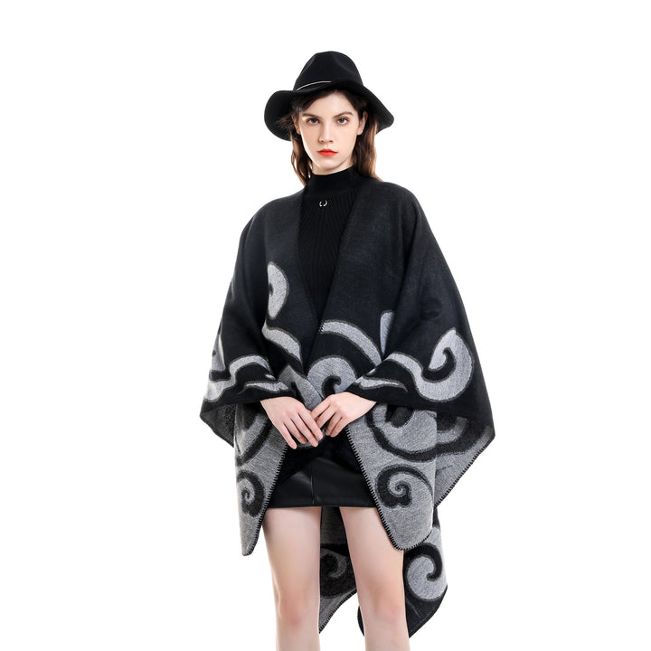 Damen Wollmix-Capeponcho im Ruana-Schnitt mit ornamentaler Intarsienstruktur – Montévia