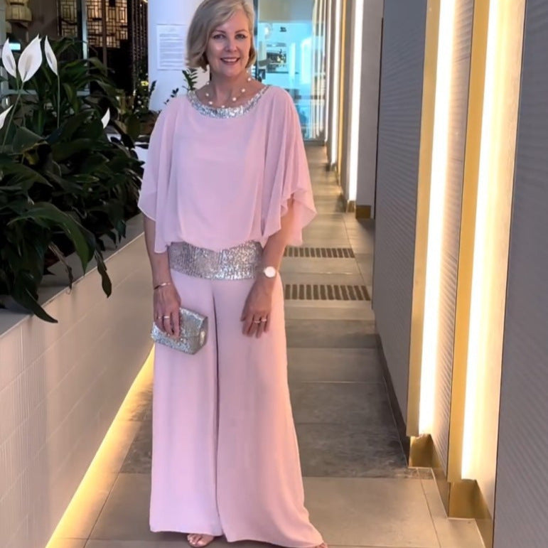Damen Elegantes Abendzweiteiler mit Chiffon-Cape und Palazzo‑Hose Echoarchiv