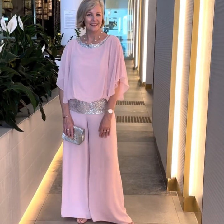 Damen Elegantes Abendzweiteiler mit Chiffon-Cape und Palazzo‑Hose Echoarchiv