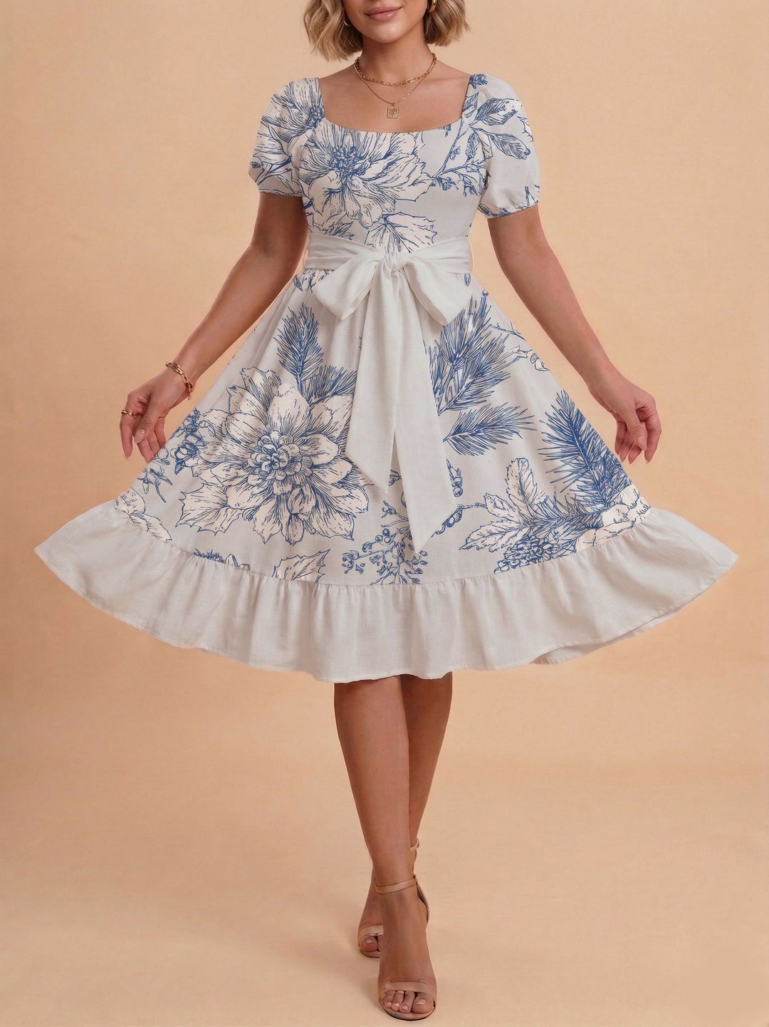 Damen Retro Maxikleid mit Puffärmeln und Taillengürtel Echo Archiv