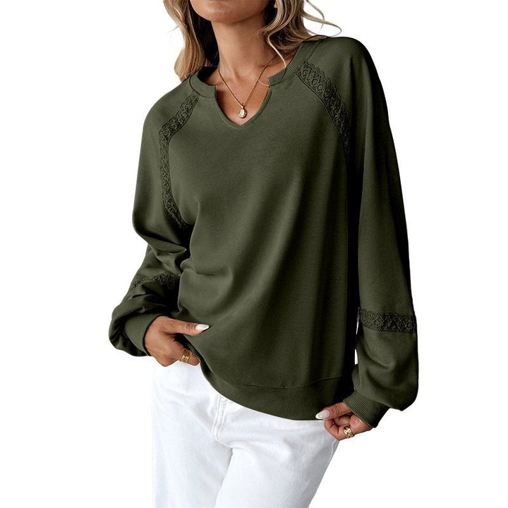 Damen Lässiges Sweatshirt mit V-Notch, Spitzeneinsätzen und Ballonärmeln – Mavelle